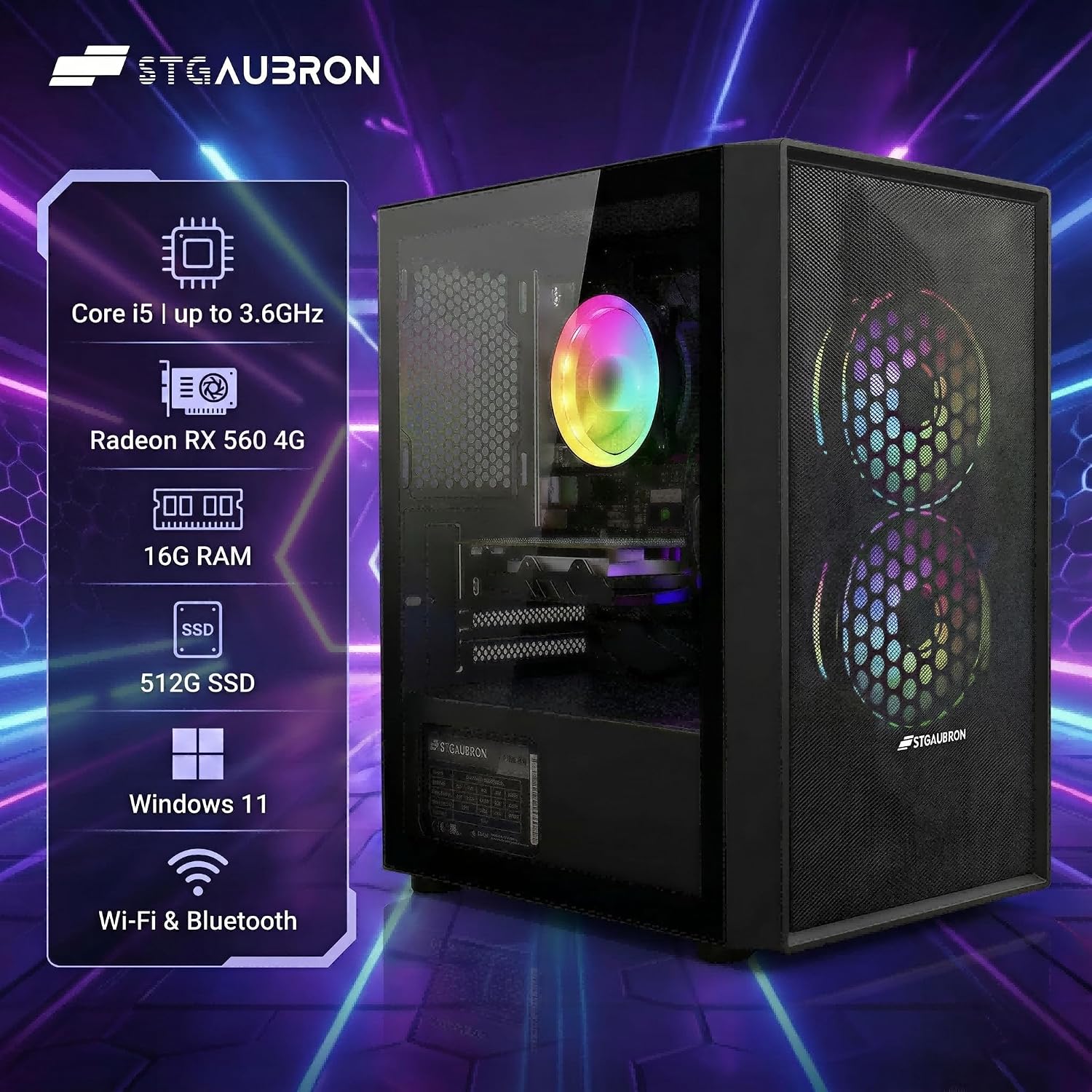 Gaming Desktop PC – Intel Core i5, RX 560 4GB, 16GB RAM, 512GB SSD, Wi-Fi 6, Bluetooth 5.0, Windows 11